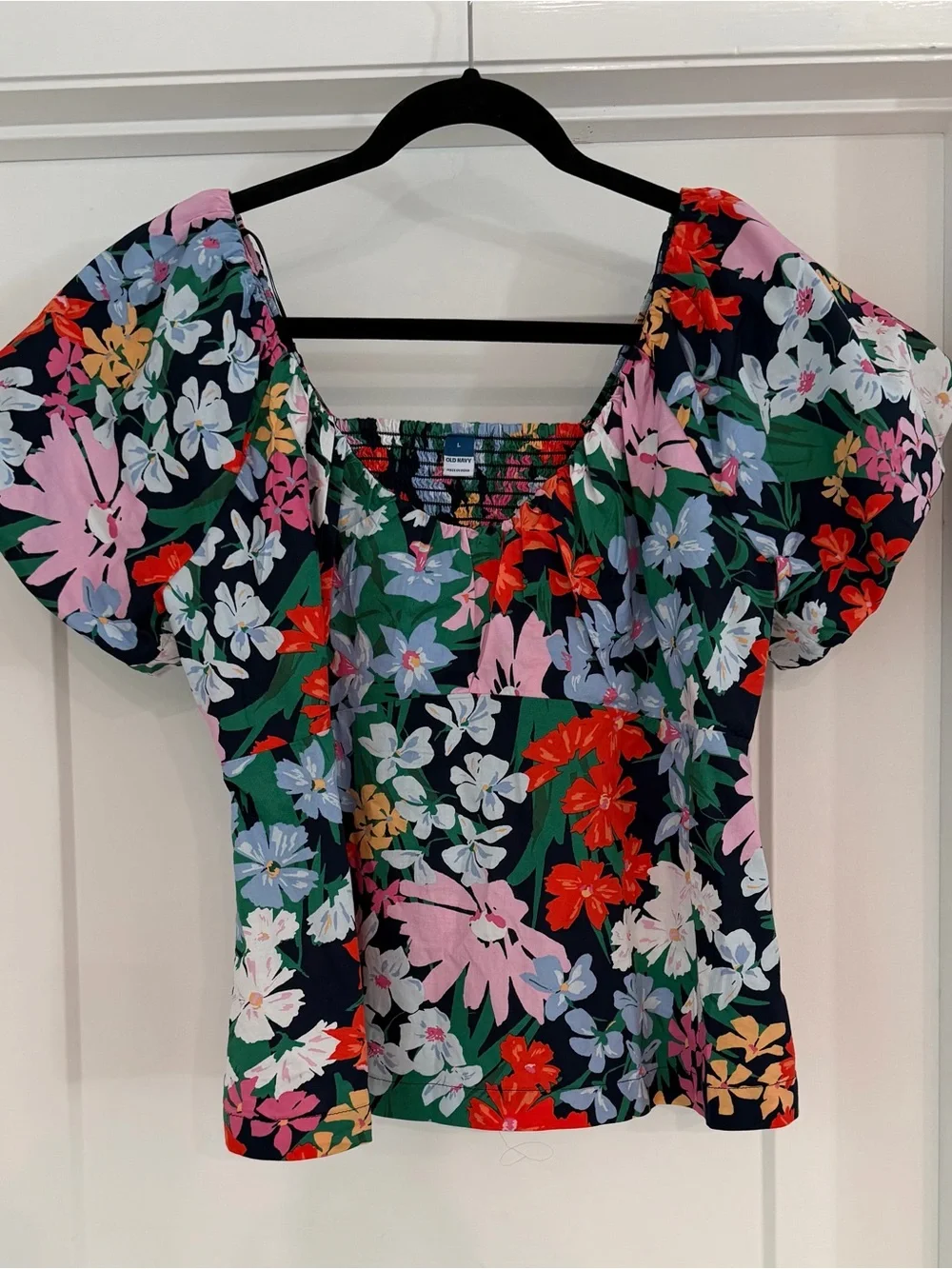 Old Navy Navy Floral Puff-Sleeve Square Neck Blouse